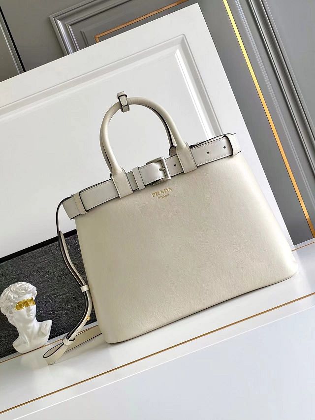 Prada original calfskin large tote bag with belt 1BA416 white
