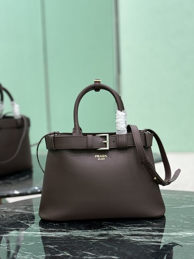 Prada original calfskin tote bag with belt 1BA434 dark brown