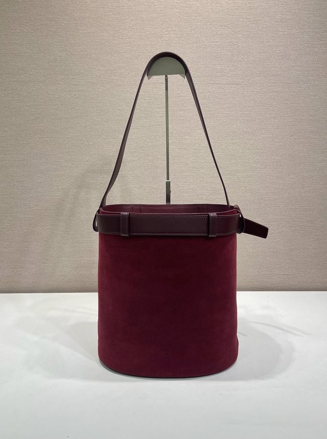 Prada original suede bucket bag with belt 1BE085 bordeaux