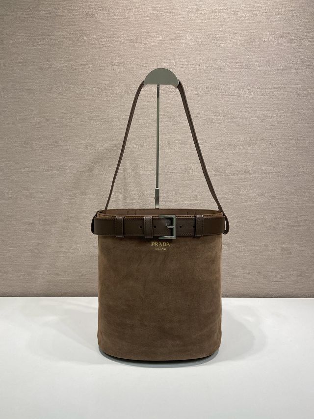Prada original suede bucket bag with belt 1BE085 brown