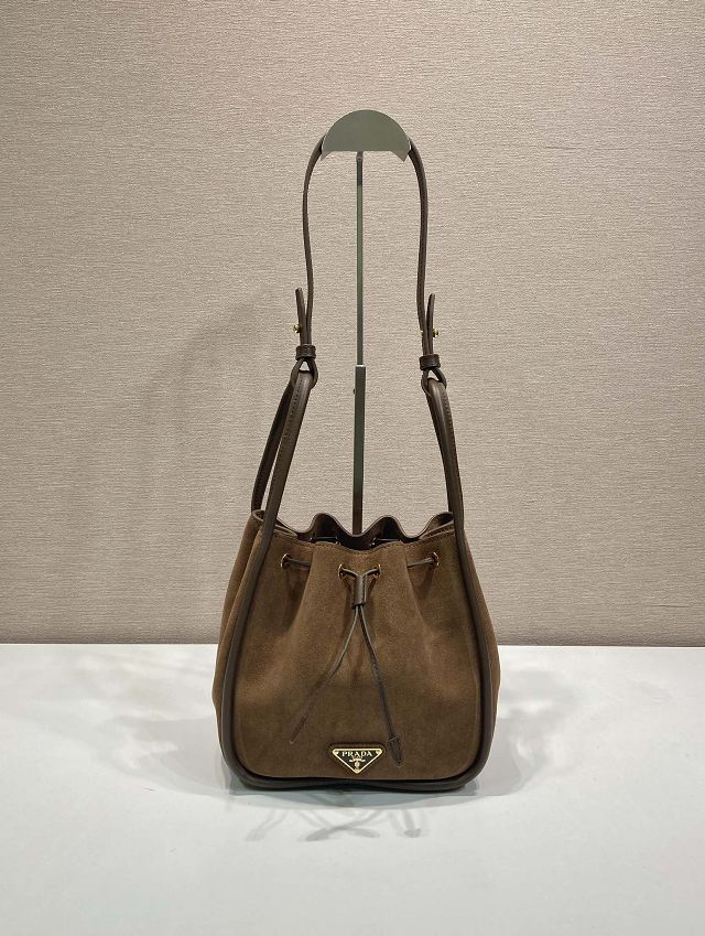 Prada original suede calfskin bucket bag 1BE087 brown