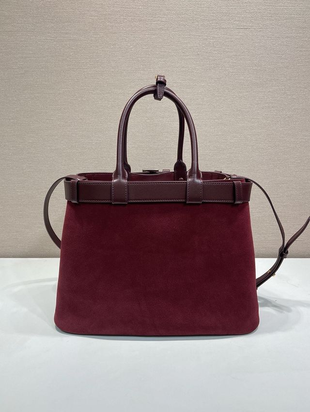 Prada original suede large tote bag with belt 1BA416 bordeaux