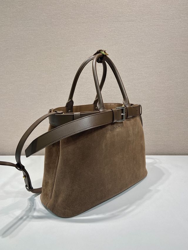 Prada original suede large tote bag with belt 1BA416 brown