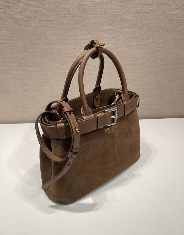 Prada original suede tote bag with belt 1BA434 brown