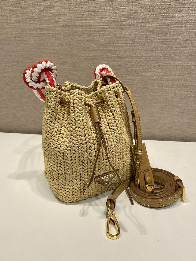 Prada original raffia mini crochet bucket bag 1BE068 beige
