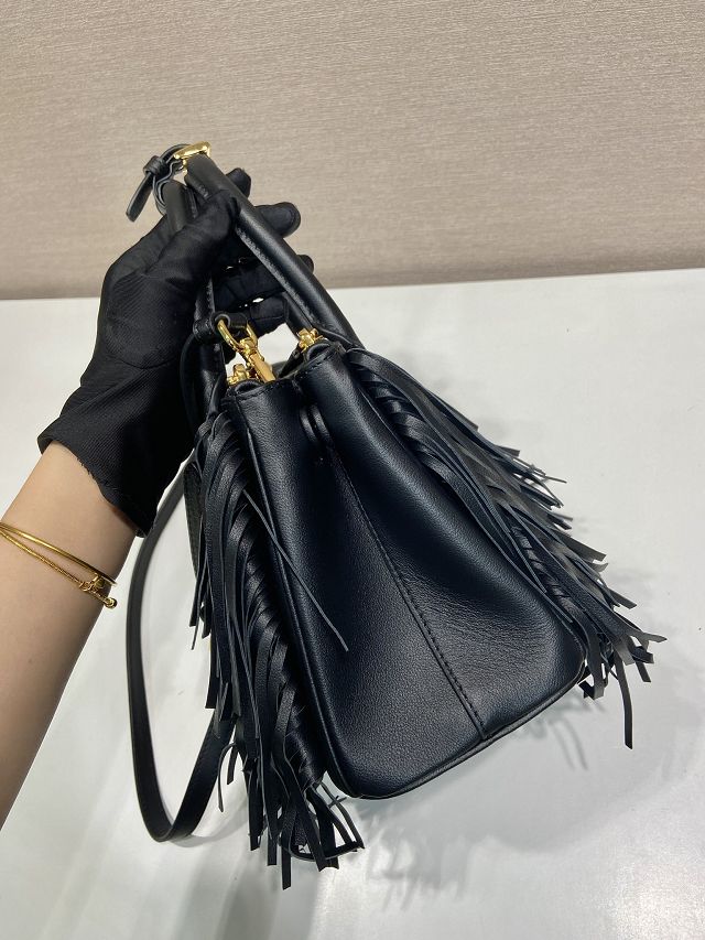 Prada original soft calfskin galleria small bag with fringe 1BA896 black