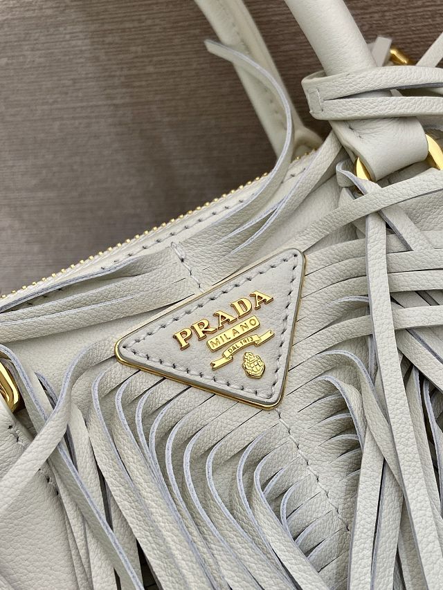 Prada original soft calfskin galleria small bag with fringe 1BA896 white