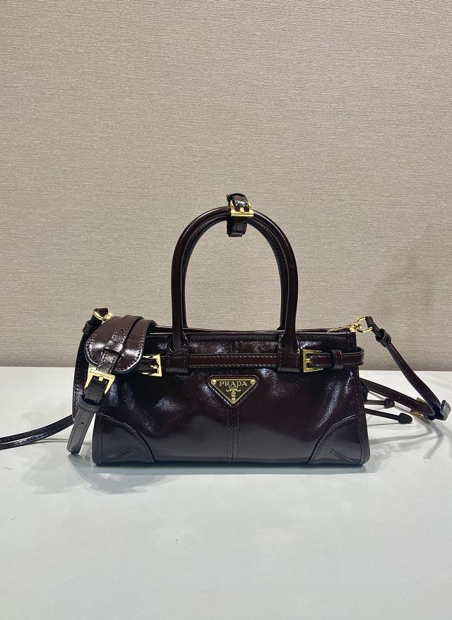 Prada original calfskin bonnie mini tote bag 1BA486 dark brown