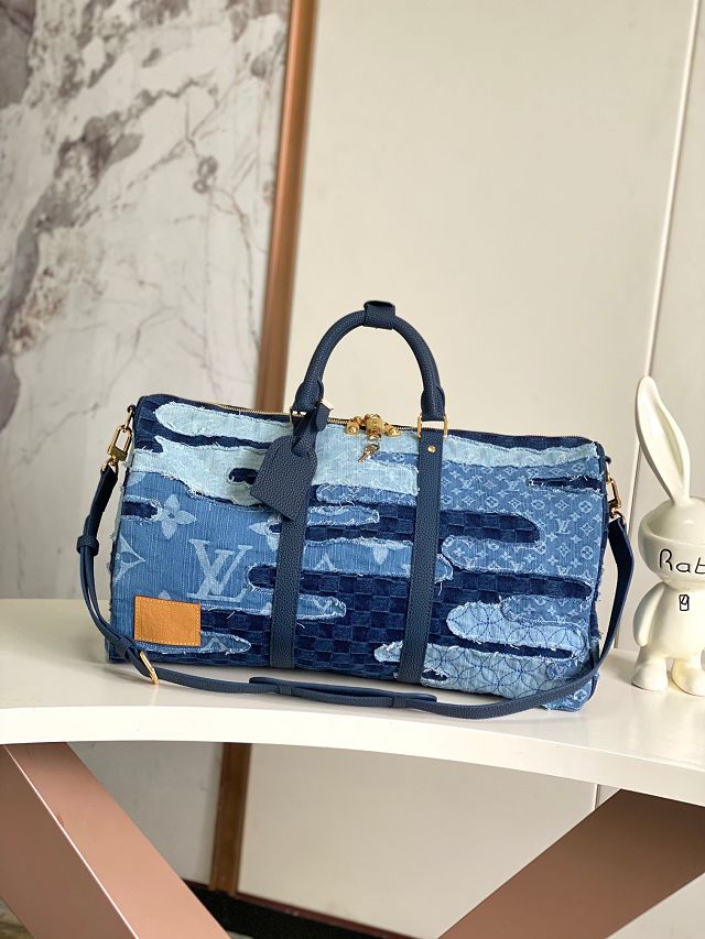 Louis vuitton original denim keepall 50 M26117 blue