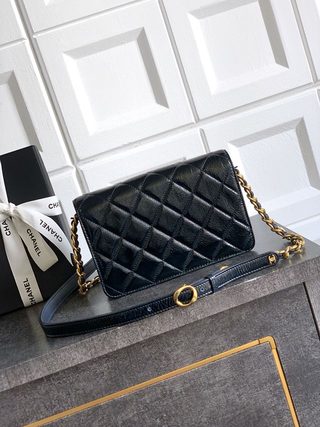 CC original shiny calfskin clutch with chain AS5618 dark blue