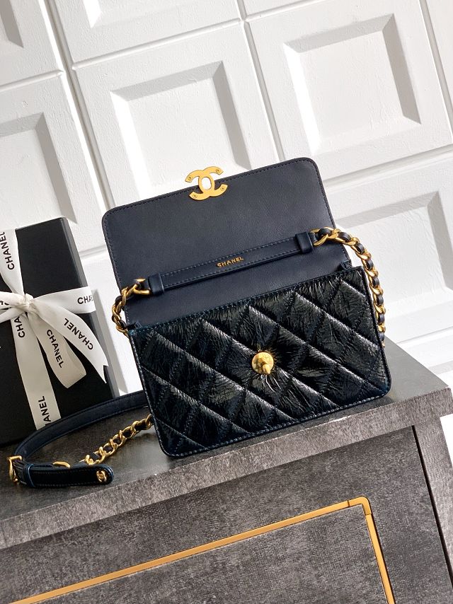 CC original shiny calfskin clutch with chain AS5618 dark blue