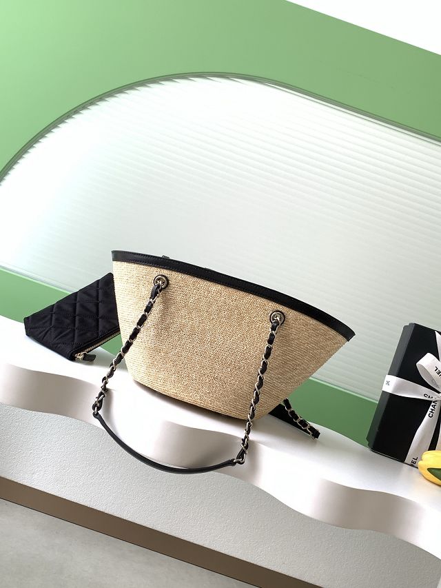 CC original straw small tote bag AS5951 beige&black