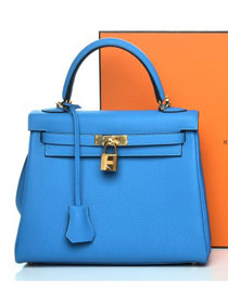 Hermes original togo leather kelly 28 bag K28-1 blue zanzibar