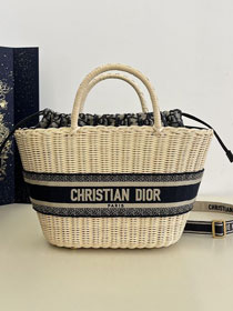 Dior original natural rattan medium lady dior bag M0565 blue