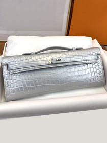 Hermes 100% genuine crocodile leather kelly cut 31 clutch C310 silver