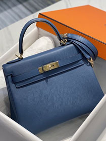 Hermes original togo leather kelly 32 bag K32-1 blue agate 