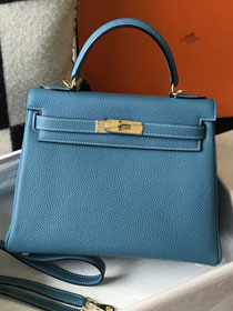 Hermes original togo leather kelly 32 bag K32-1 blue jean 