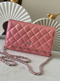 CC original iridescent lambskin wallet on chain AP0250 pink