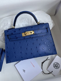 Hermes handmade genuine 100% ostrich leather kelly 19 bag K019 blue electrique