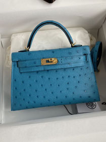 Hermes handmade genuine 100% ostrich leather kelly 19 bag K019 blue konos