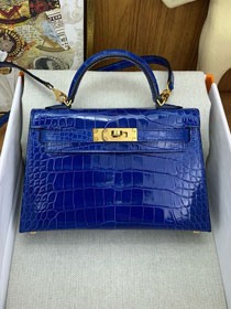 Hermes handmade genuine crocodile leather mini kelly bag K0019 blue zellige