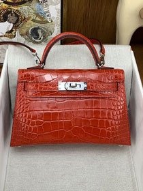 Hermes handmade genuine crocodile leather mini kelly bag K0019 braise