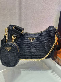 Prada original raffia re-edition 2005 hobo bag 1BH204 black